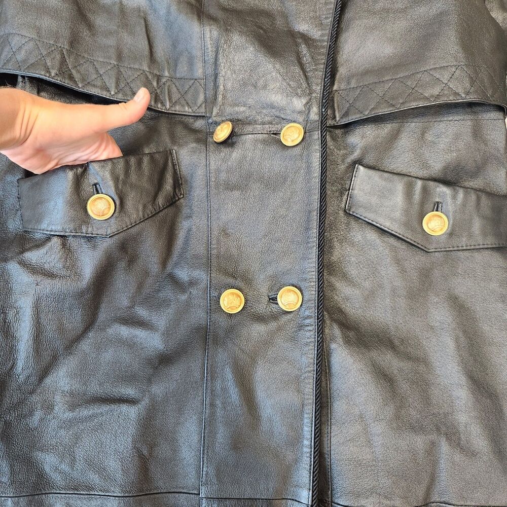 Vintage Middlebrook women Park Black Leather Trench Parka Coat Hooded M - Picture 3 of 10
